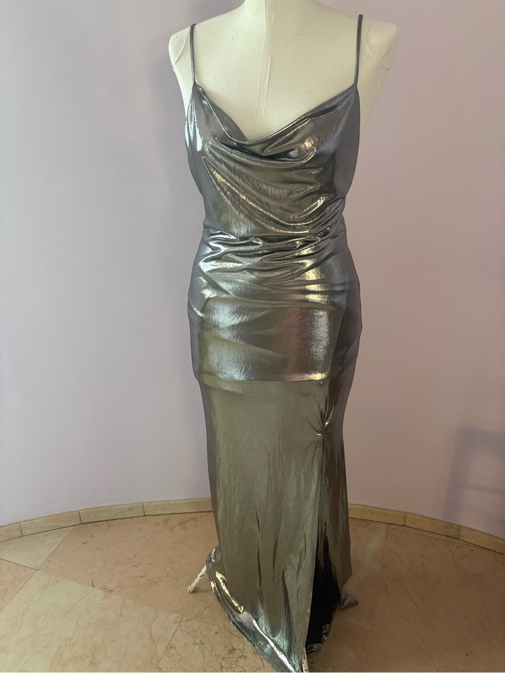 Diesel Silver Metallic Cowl Neck Maxi Dress